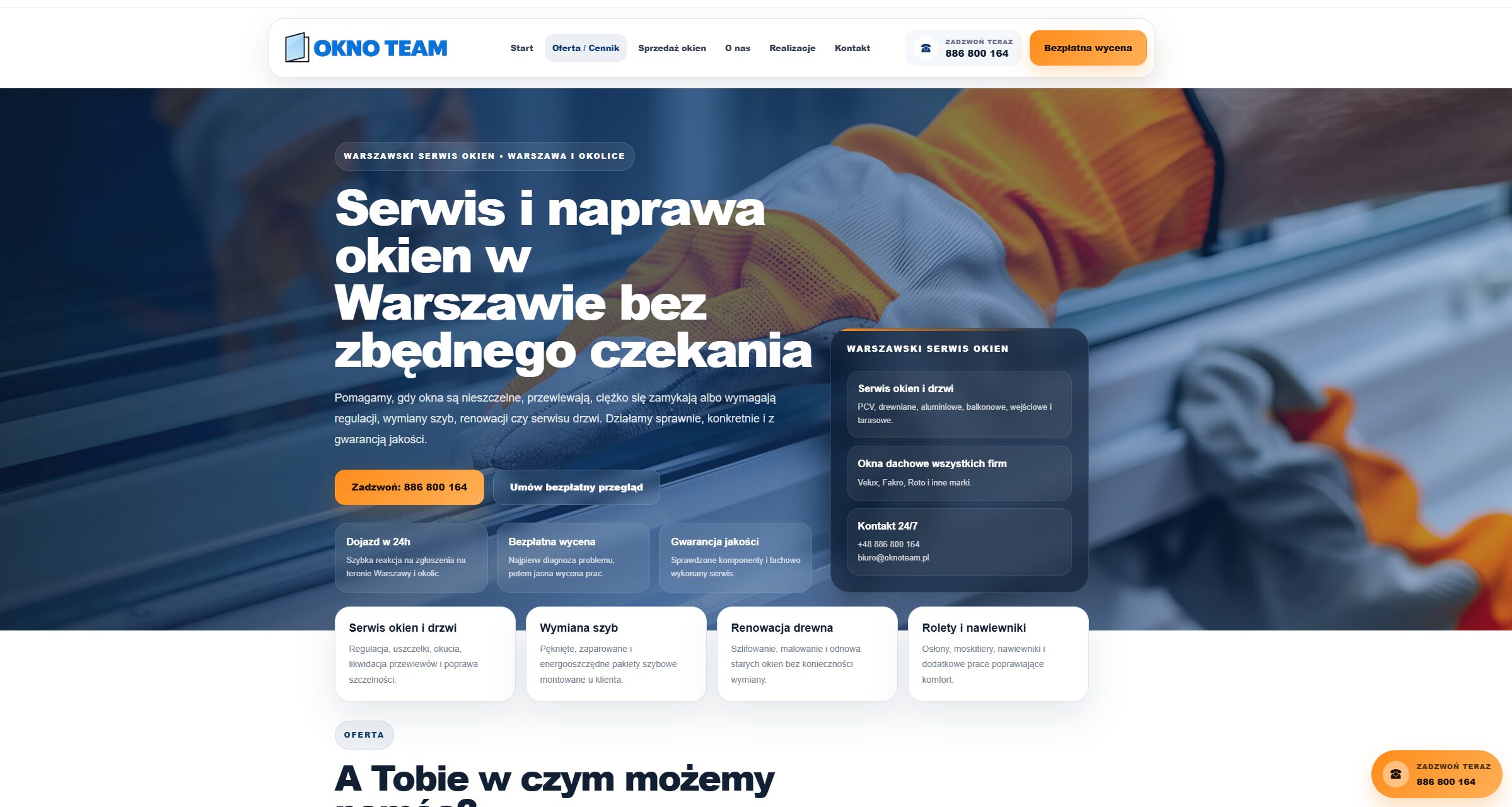 Strona oknoteam.pl, realizacja KWS-IT